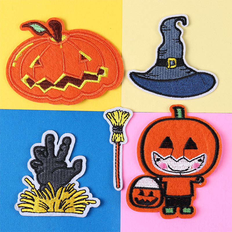 Clothing heat transfer halloween witch hat pumpkin design iron on embroidered patches