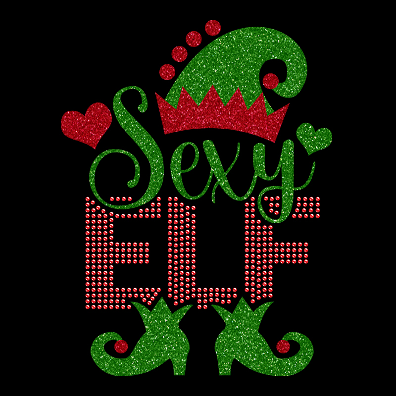 Glitter vinyl sexy elf christmas cloth transfer iron on rhinestone applique