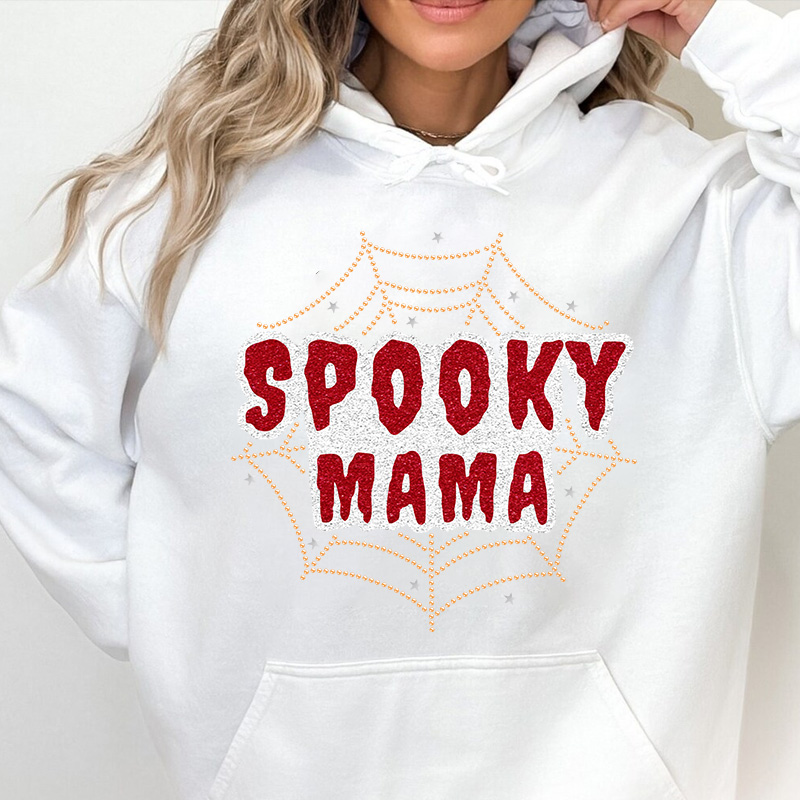 White glitter vinyl spooky mama letter design rhinestone iron on heat transfers