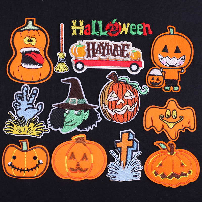 Clothing heat transfer halloween witch hat pumpkin design iron on embroidered patches