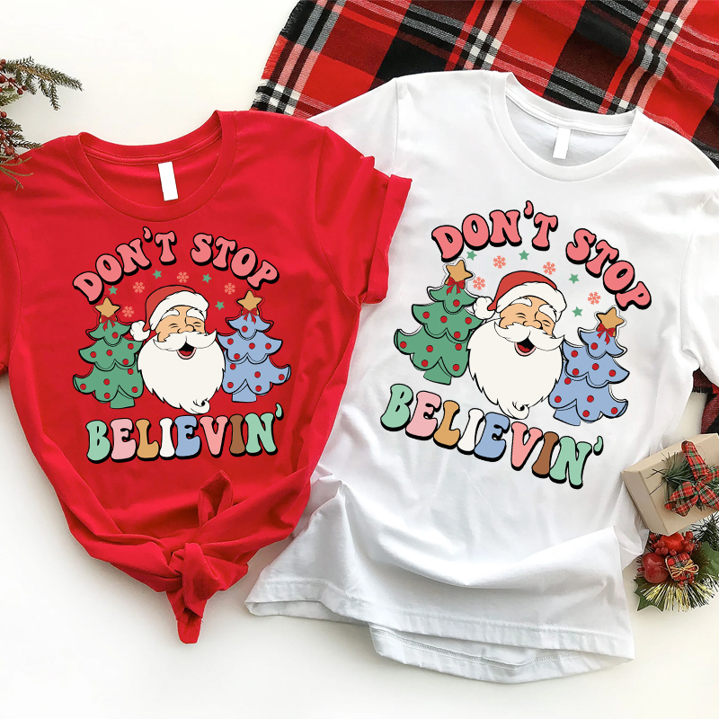 Fast delivery don't stop believin merry christmas santa iron on dtf print heat transfers