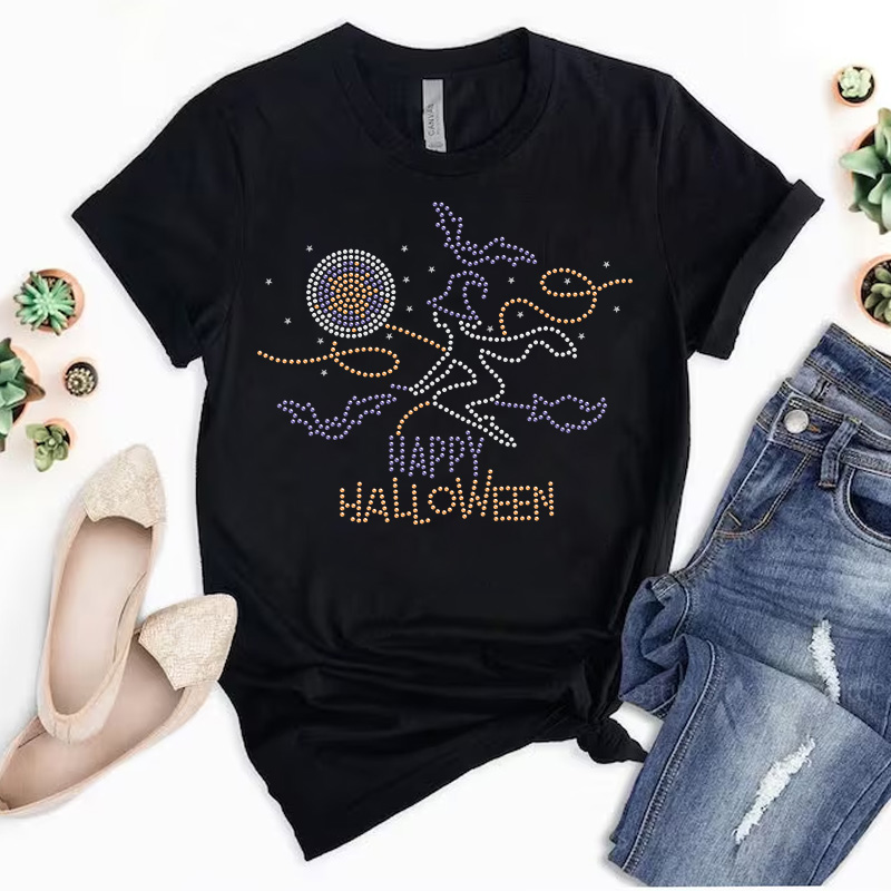 Discount price hot fix rhinestone heat transfer happy halloween iron on appliques