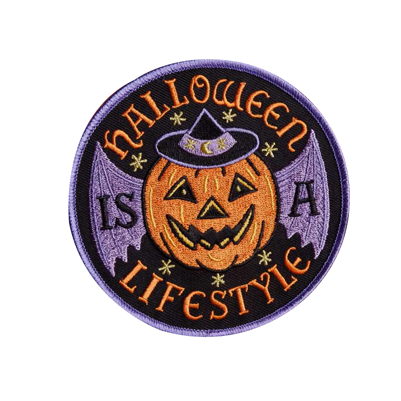 Wholesale Iron on Large Halloween Pumpkin Merrow Border Embroidered Patch