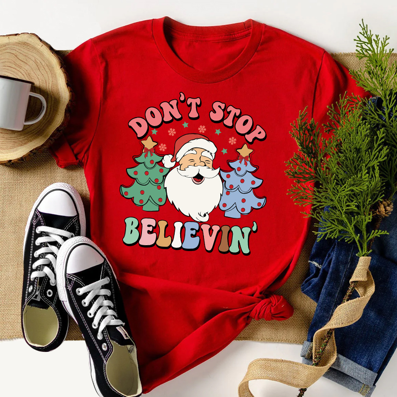 Fast delivery don't stop believin merry christmas santa iron on dtf print heat transfers