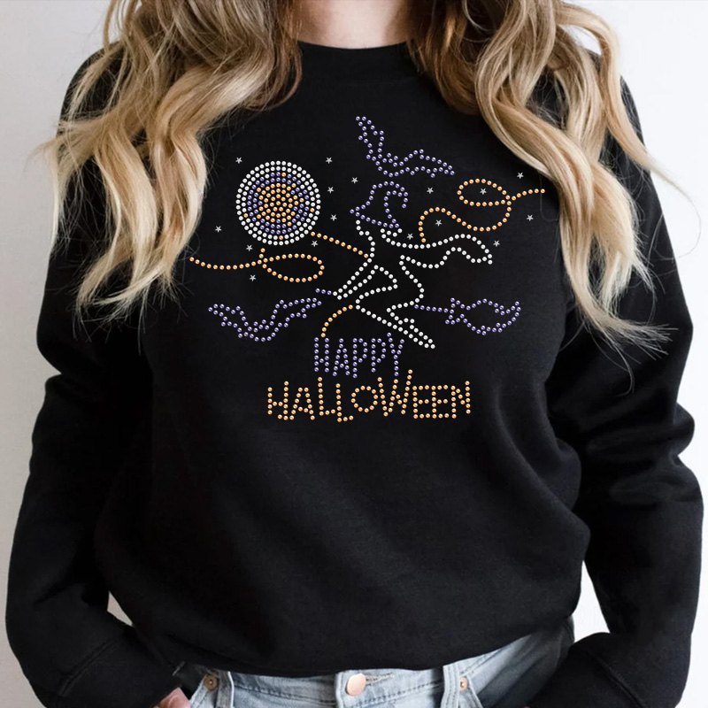 Discount price hot fix rhinestone heat transfer happy halloween iron on appliques