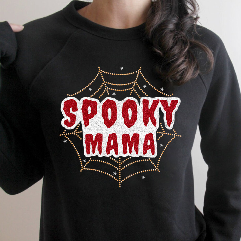 White glitter vinyl spooky mama letter design rhinestone iron on heat transfers