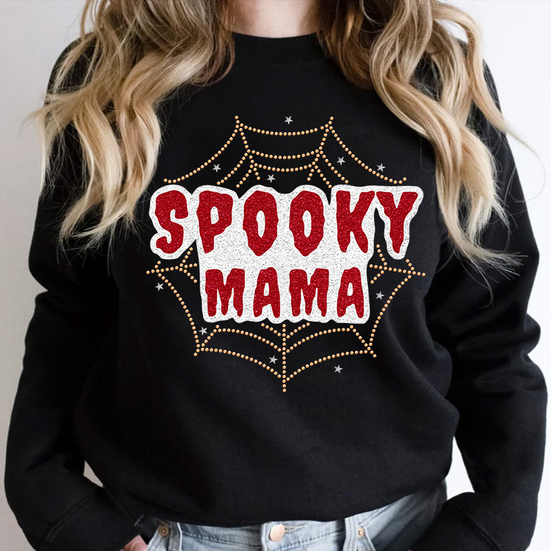 White glitter vinyl spooky mama letter design rhinestone iron on heat transfers