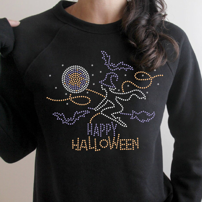 Discount price hot fix rhinestone heat transfer happy halloween iron on appliques