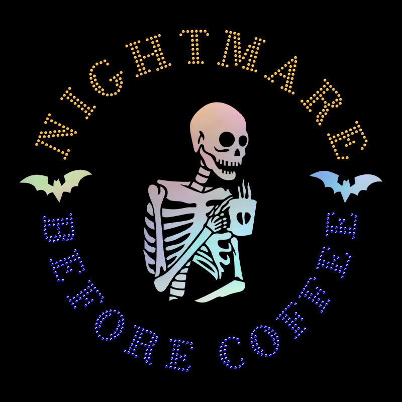 Hologram vinyl skull pattern nightmare before coffee hot fix rhinestone iron on transfers