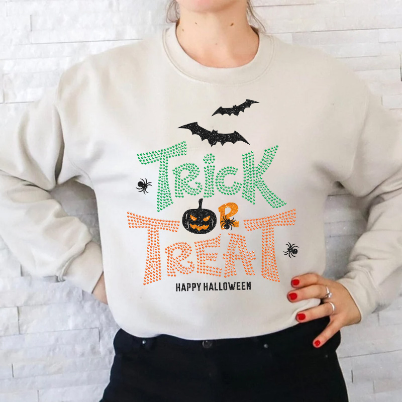 Hot sale rhinestone trick or treat letter heat transfer glitter vinyl halloween appliques