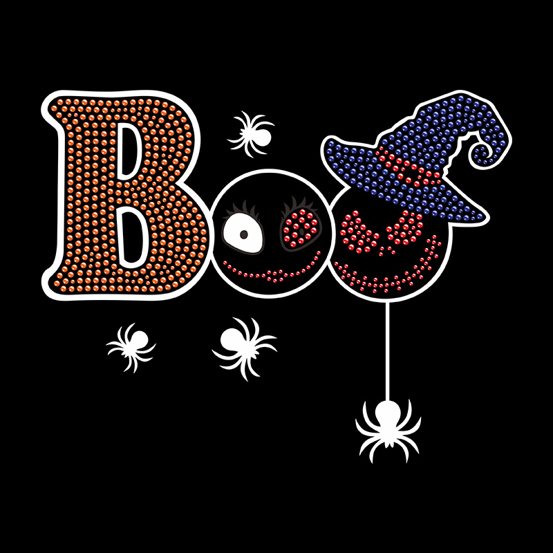 Factory direct supply white pu vinyl halloween boo design hot fix rhinestone appliques