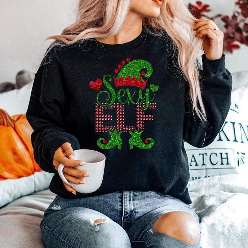 Glitter vinyl sexy elf christmas cloth transfer iron on rhinestone applique